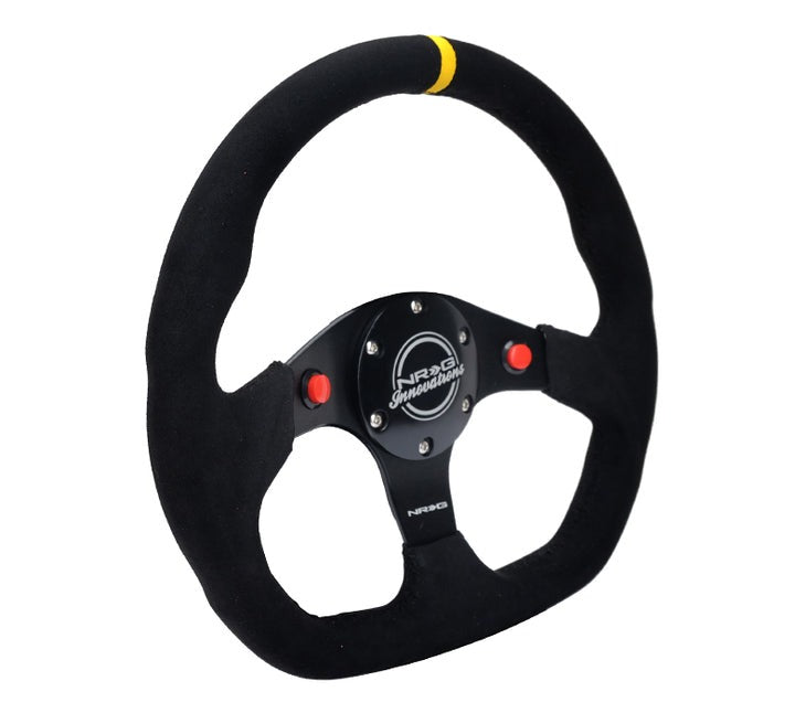 NRG - Reinforced 320mm Alcantara Flat Bottom Steering Wheel with Dual Push Buttons and Yellow Marker