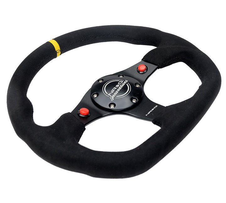 NRG - Reinforced 320mm Alcantara Flat Bottom Steering Wheel with Dual Push Buttons and Yellow Marker